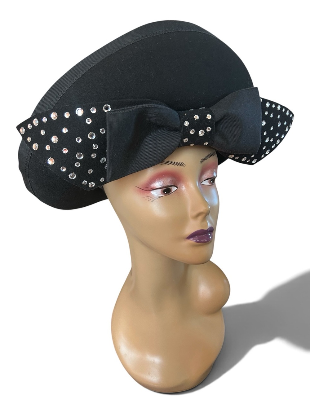 Vintage Jack McConnell Boutique 1980’s Black Wool Rhinestone Bow Glam Dress Hat